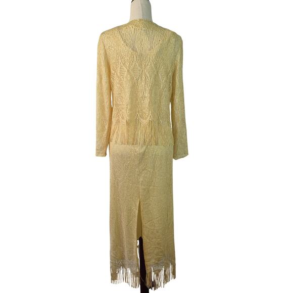 SiaSia New York USA Gold Metallic Lace Overlay Fringe Vintage Dress & Jacket S - Picture 5 of 7